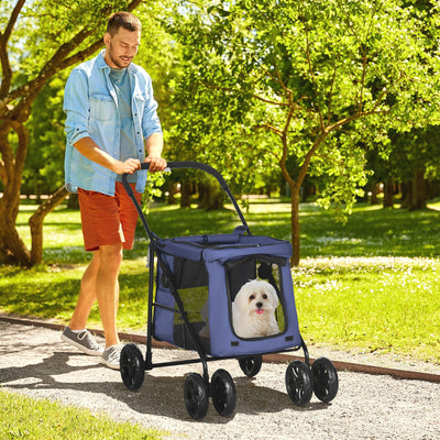 PawHut Dog Pram Dog Stroller 4 Wheels Pet Pushchair with Rolling Door, Cushion, Safety Leashes, for Small and Medium Dogs, Dark Blue 