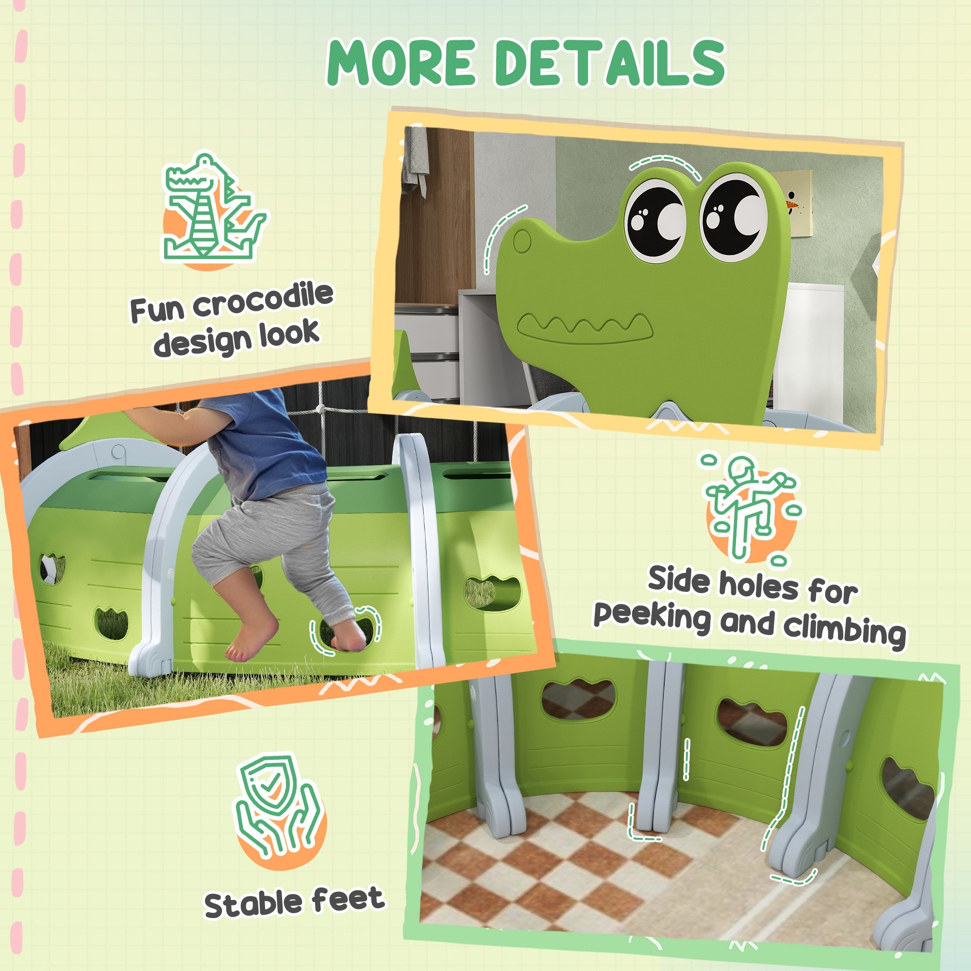 AIYAPLAY Crocodile Design Kids Play Tunnel for Ages 3-6 Crawl and Climb 