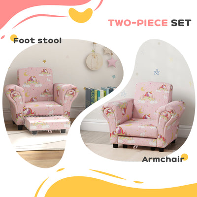 AIYAPLAY 2 Piece Kids Sofa Set with Unicorn Design, Wooden Frame, for 1.5-3 Years Old, Pink 