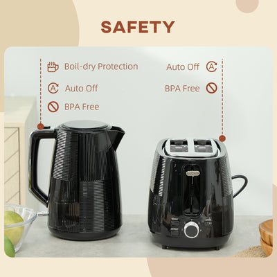 HOMCOM Kettle and Toaster Set, 1.7L 3000W Fast Boil Kettle & 2 Slice Toaster Kitchen Set with 7 Level Browning Controls, Defrost, Reheat, Boil-dry Protection, Black 
