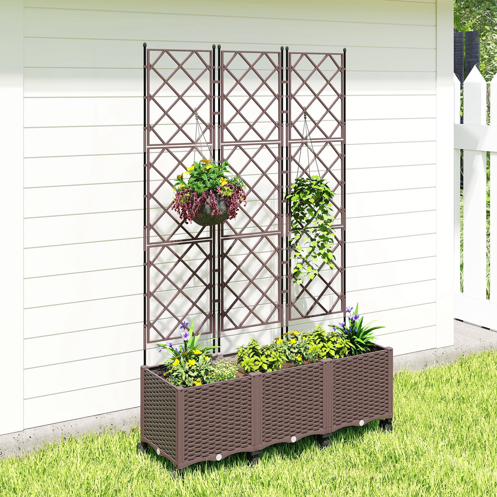Outsunny Plastic Raised Planter with Trellis, Self Watering Raised Bed for Garden with Wheels, Drainage Holes and Plugs 