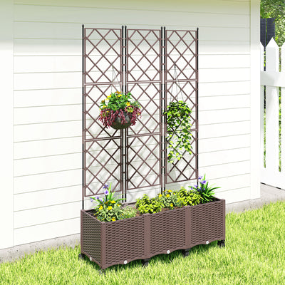 Outsunny Plastic Raised Planter with Trellis, Self Watering Raised Bed for Garden with Wheels, Drainage Holes and Plugs 