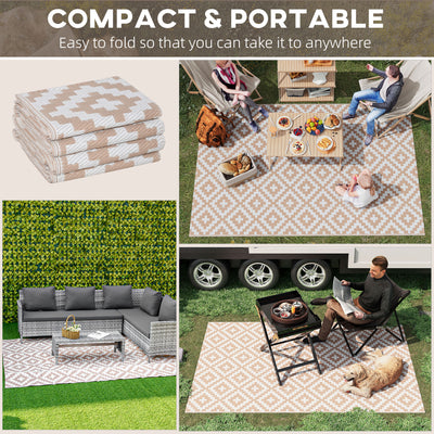 Outsunny Reversible Outdoor RV Rug, Patio Floor Mat, 274 x 182 cm Plastic Straw Rug for Garden, terrace, Beach, Camping, Coffee & White 