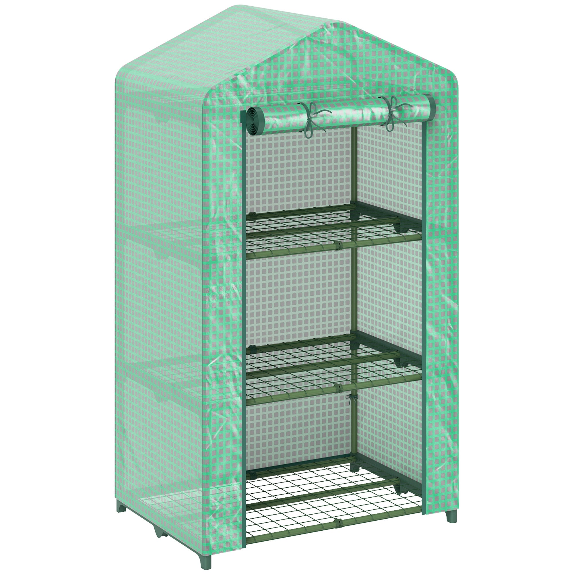 Outsunny 3 Tier Mini Greenhouse Portable Garden Grow House with Roll Up Door and Wire Shelves, 69 x 49 x 125 cm, Green 