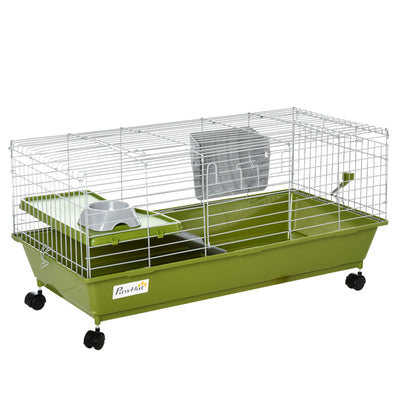 PawHut Small Animal Cage Rabbit Guinea Pigs Chinchillas Cage w/ Wheels Water Bottle Food Dish Platform Ramp 89 x 44 x 43 cm Green 