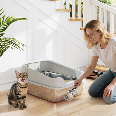 PawHut XL Stainless Steel Cat Litter Box with High Sides, Metal Scoop, 60 x 40 x 30 cm 