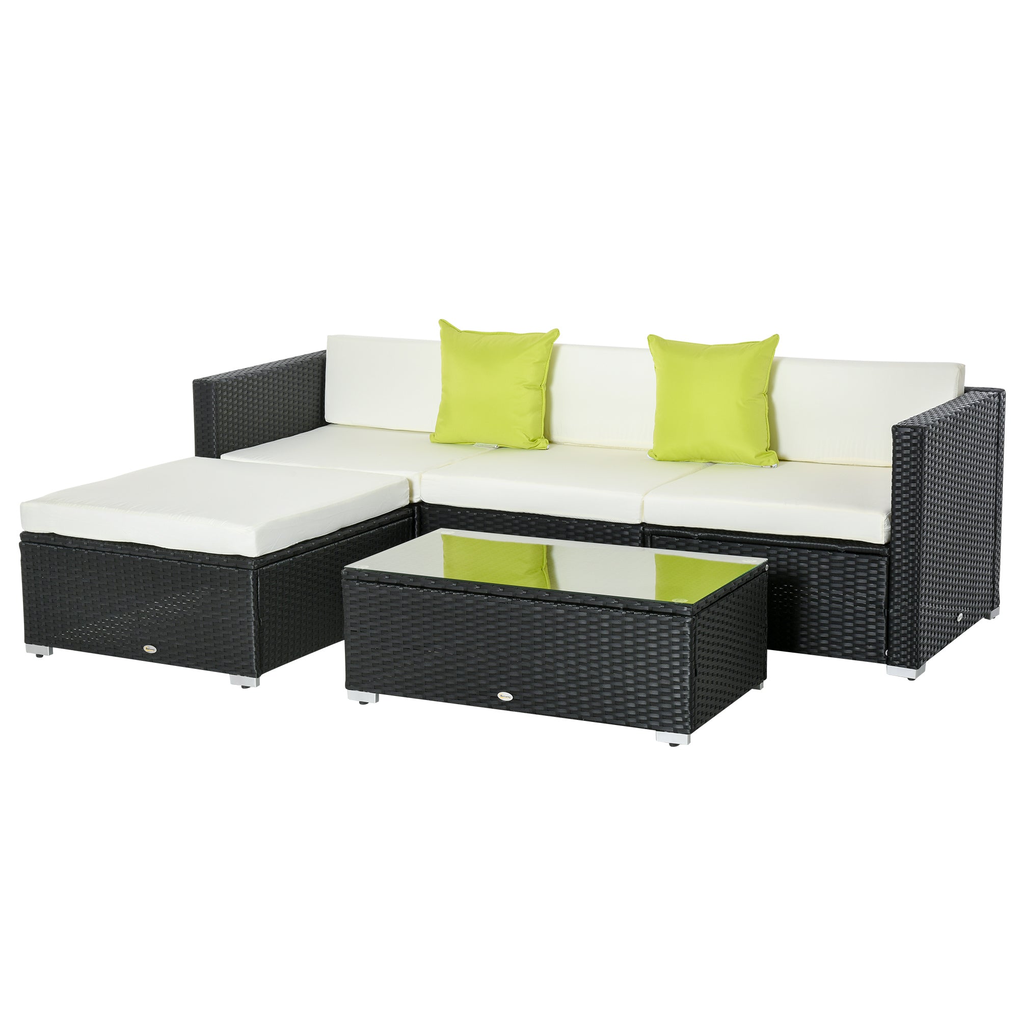 Outsunny 4-Seater Rattan Sofa Set Set Garden Outdoor Sectional Sofa Coffee Table Metal Frame w/Cushion Pillows-Black 