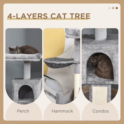 PawHut Cat Tree Tower for Indoor Cats, 111cm Kitten Activity Centre with Scratching Post Pad Hammock Condo Bed Ball Toy, Grey 