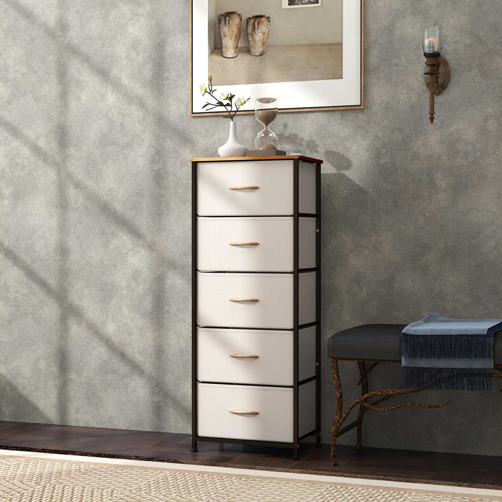 HOMCOM Fabric Chest of Drawers, Storage Drawers, Industrial Bedroom Dresser with 5 Fabric Drawers, Steel Frame and Wooden Top for Nursery, Living Room, Hallway, Cream White 