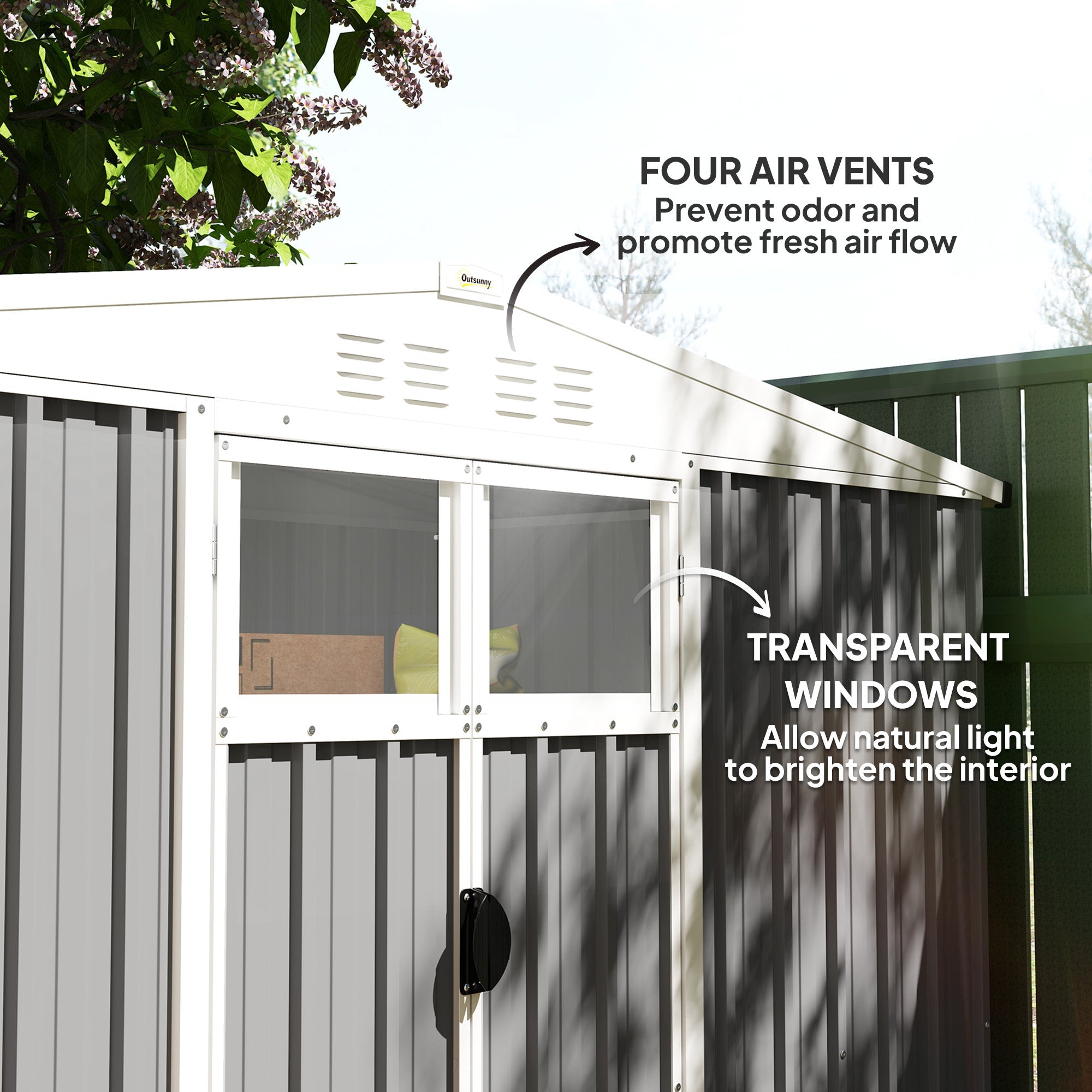 Outsunny 8 x 4 ft Metal Garden Shed, Garden Storage Shed with Window, 4 Vents and Lockable Door, Waterproof Galvanised Steel Tool Storage Shed, Light Grey 