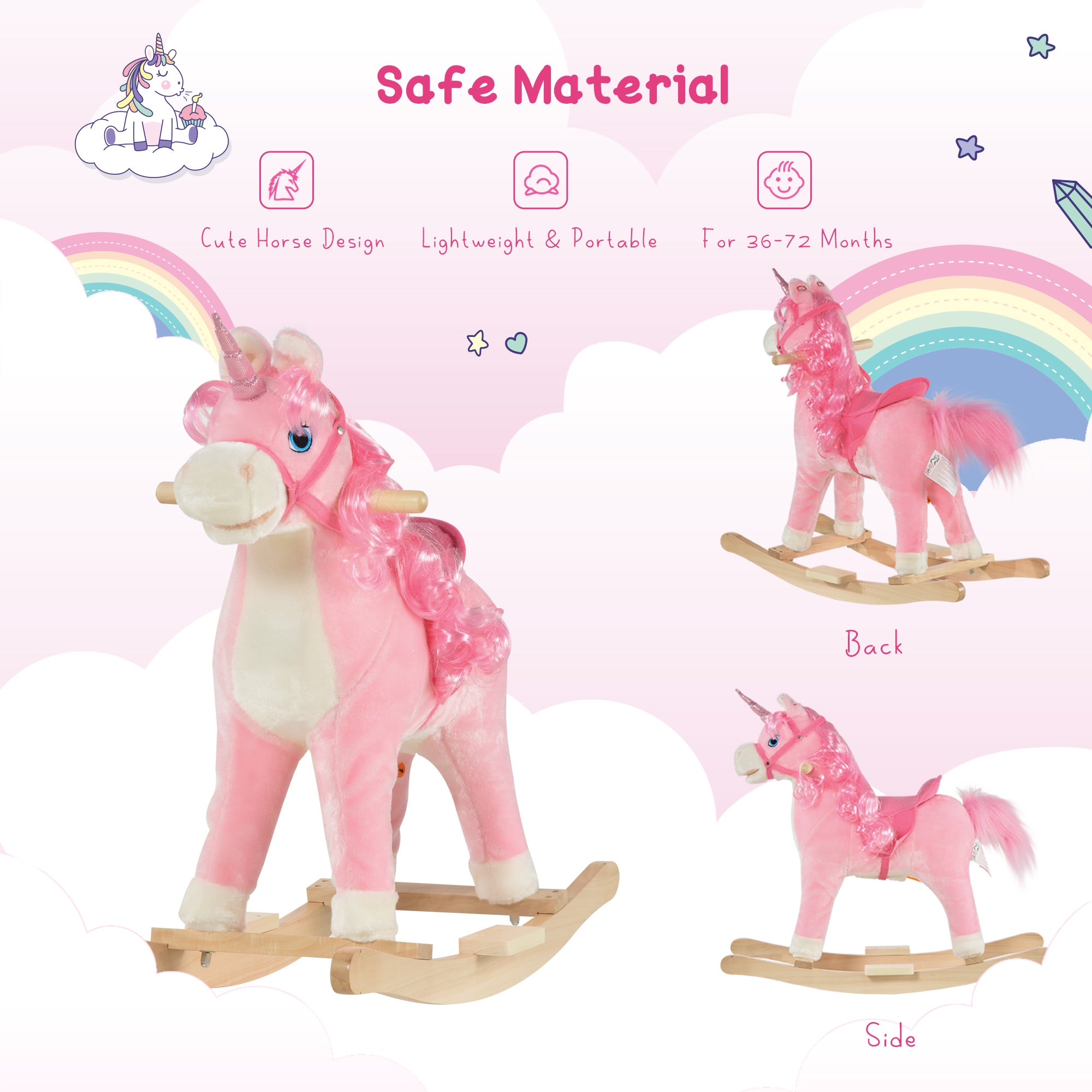 HOMCOM Kids Plush Rocking Horse Ride On Unicorn w/ Sound Moving Mouth Wagging Tail Children Rocker Toy Gift 3-6 Years Pink 