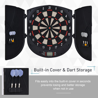 HOMCOM  Electronic Dartboard Set 26 Games and 185 Variations with 6 Darts and Cabinet to Stroage Multi-Game Option Ready-to-Play 