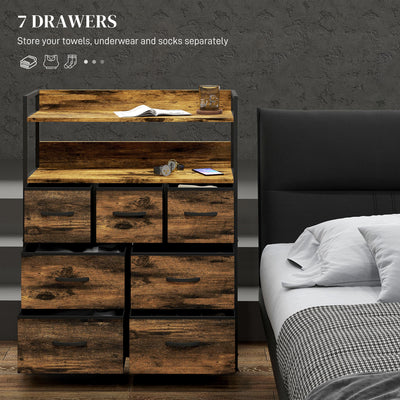 HOMCOM Rustic Chest of Seven Fabric Drawers - Rustic Brown 