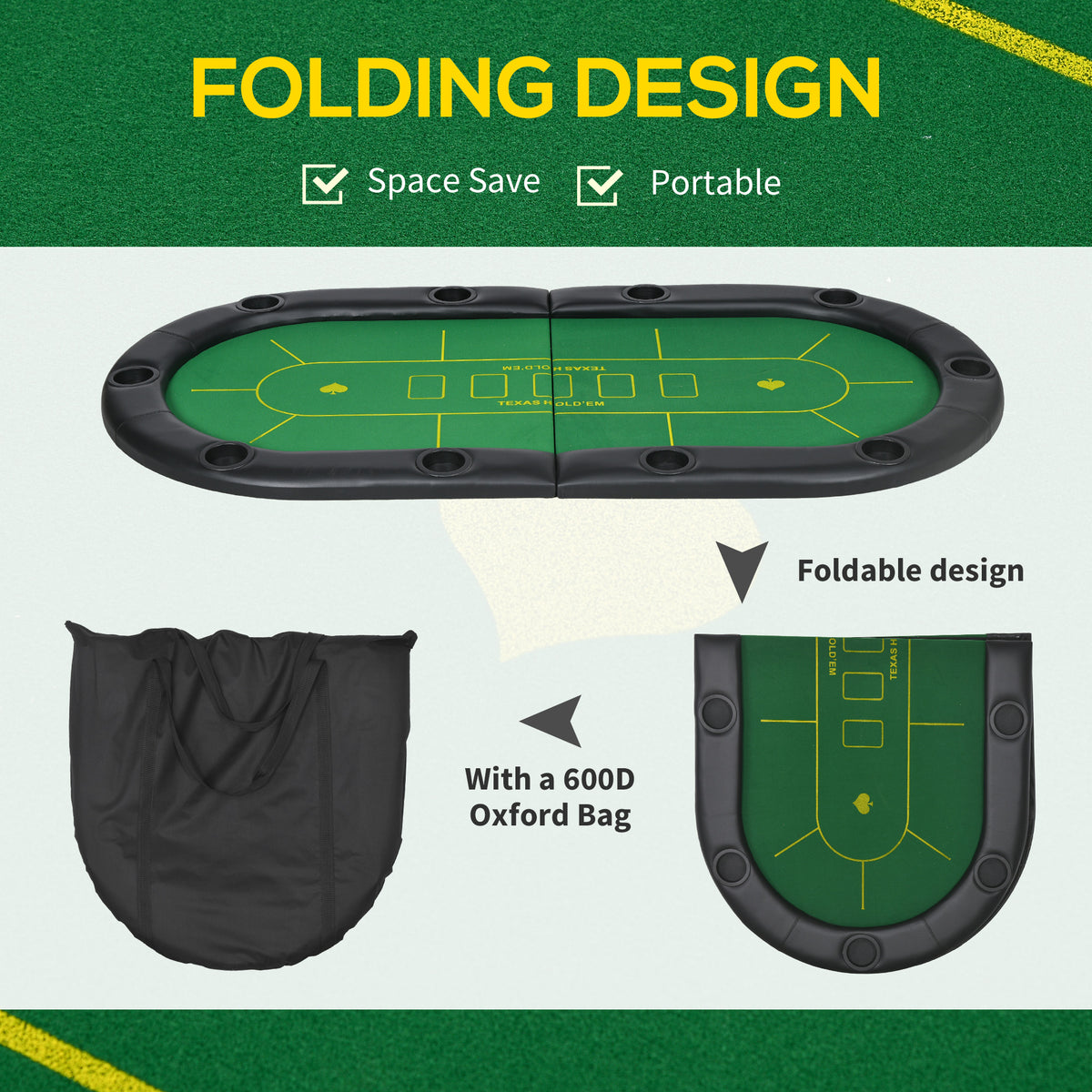 SPORTNOW Foldable Poker Mat, 10-Player Table Top with Cup Holder, Carry Bag - Green 