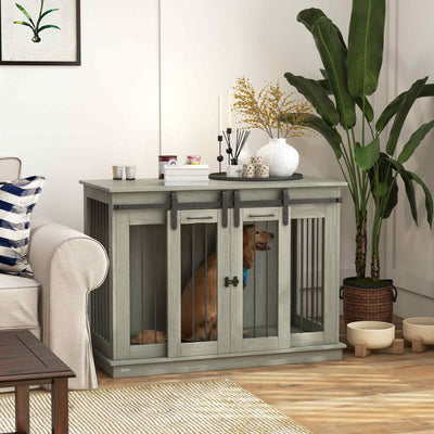 PawHut Dog Crate Furniture for Large Dogs, Double Dog Cage for Small Dogs, with Divider - Grey 