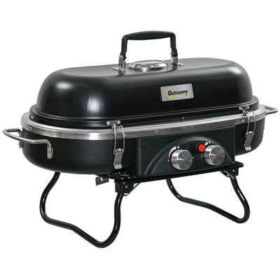 Outsunny Foldable Gas BBQ Grill 2 Burner Table Top Barbecue with Lid Piezo Ignition Thermometer for Camping Picnic Cooking, Aluminium Alloy 
