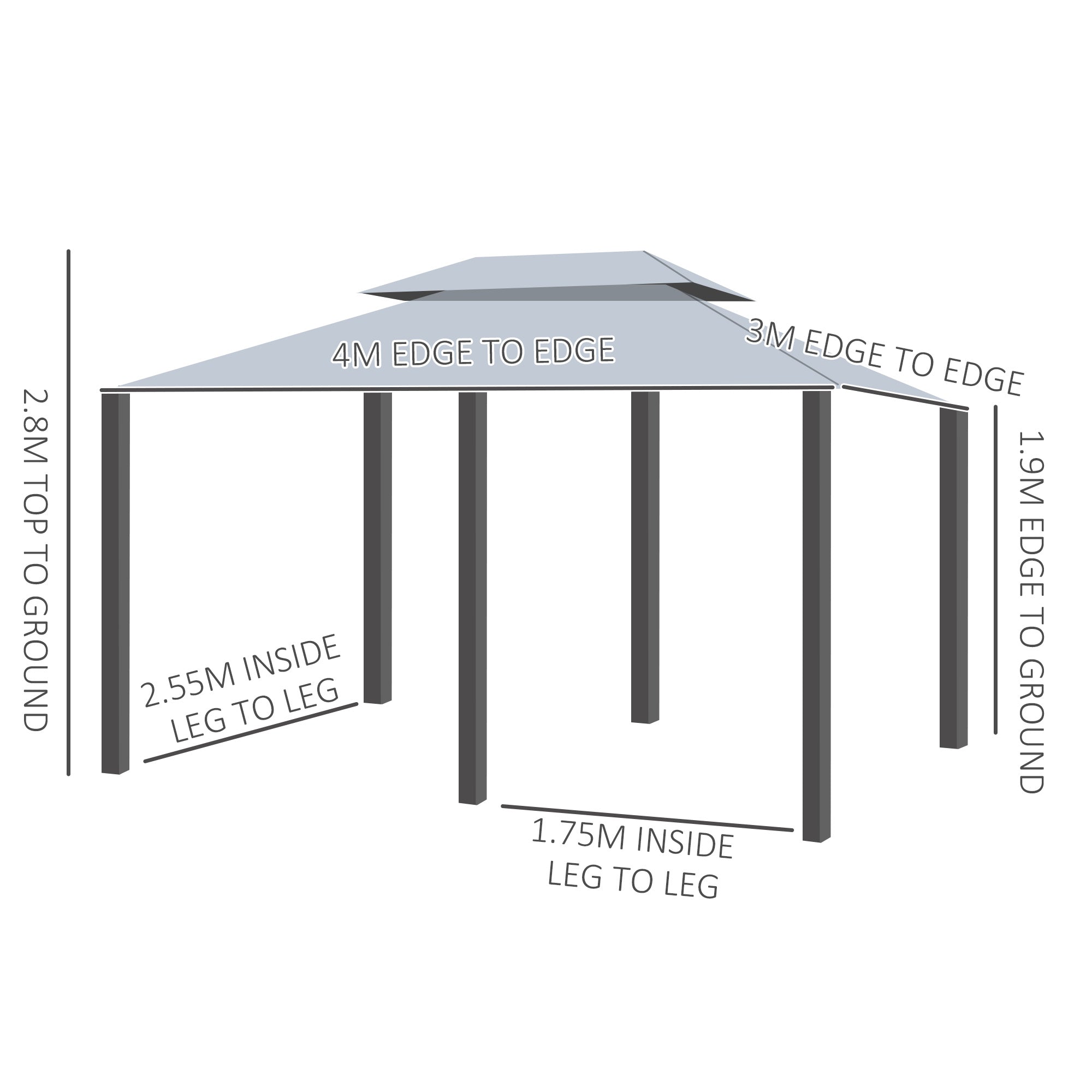 Outsunny 4m x 3(m)Garden Gazebo, Double Roof Outdoor Gazebo Canopy Shelter with Curtains, Solid Steel Frame for Lawn and Deck, Grey 