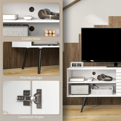 HOMCOM TV Stand with Cupboard, Open Shelves, Striped Doors, Wooden legs, White 