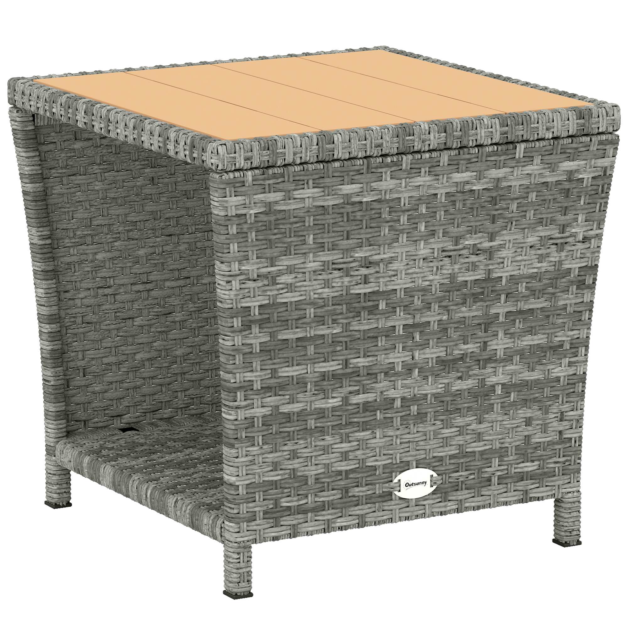 Outsunny Side Table 2-Tier Outdoor Coffee Table with Storage Shelf PS Wood Slat Top/Light Grey 