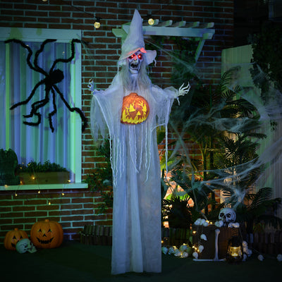 HOMCOM 6ft Outdoor Halloween Decoration Witch with Pumpkin, Standing Skeleton Witch Prop Life Size with Sound and Motion Activated, Light Up Eyes, Laughing Sound, Posable Arms, White 