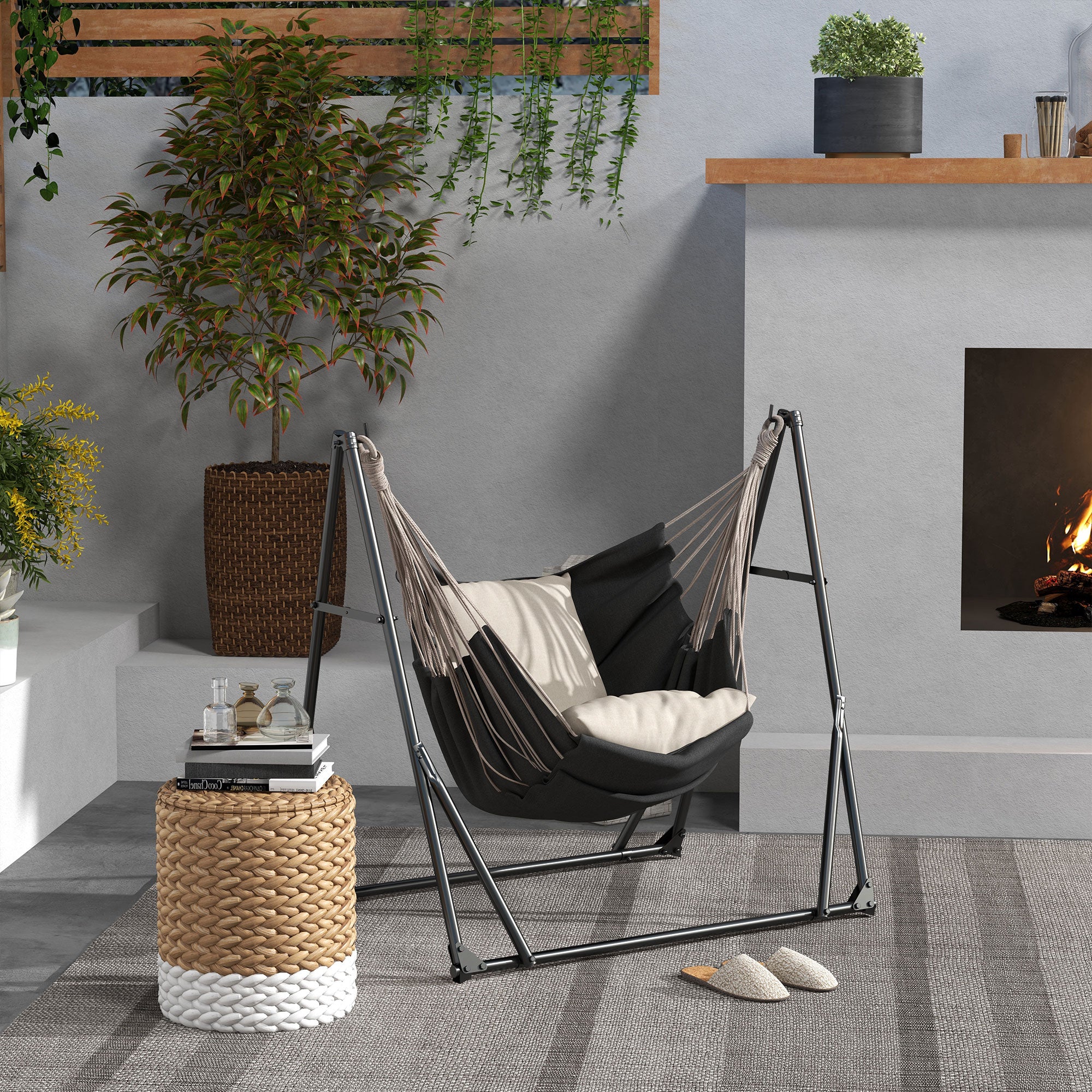 Outsunny Foldable Hammock Stand, Portable Hammock with Metal Frame, 2 in 1 Hammock Net Stand, Hammock Chair Stand with Carry Bag, Load Capacity 120kg, for Patio, Garden, Yard, Black 