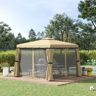 Outsunny 3 x 3(m) Patio Gazebo Canopy Garden Pavilion Tent Shelter with 2 Tier Water Repellent Roof, Mosquito Netting and Curtains, Aluminium Frame, Beige 