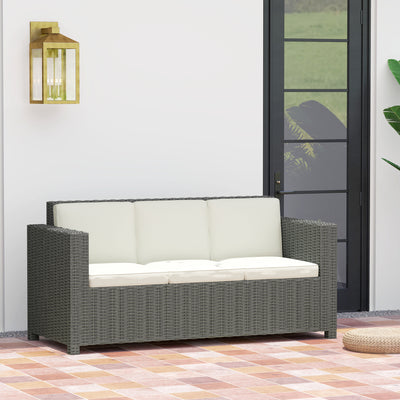 Outsunny 3 Seater Rattan Sofa All-Weather Wicker Weave Metal Frame Chair with Fire Resistant Cushio-Cream 