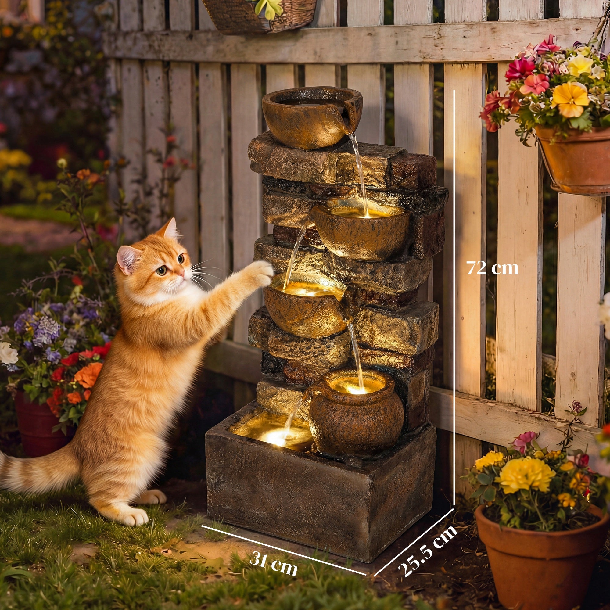 Outsunny 28" 5-Tier Outdoor Fountain, Cascading Waterfall Feature with LED Lights, Adjustable Flow, Rustic Brown 