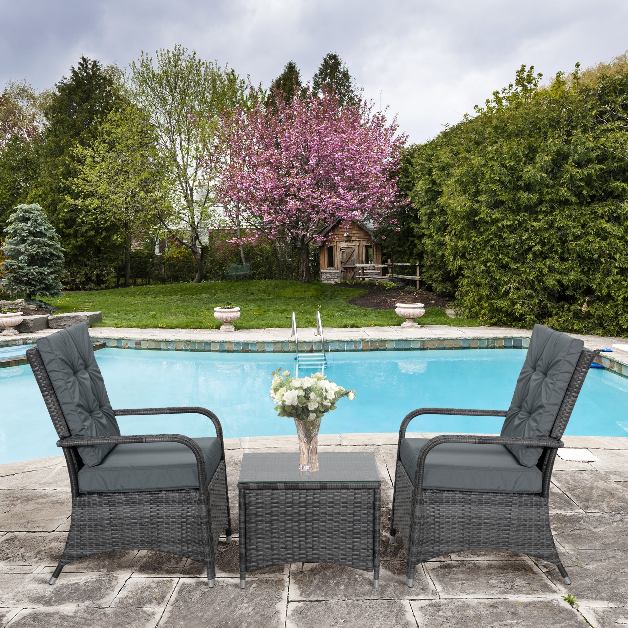 Outsunny 2-Seater Rattan Table Chair Bistro Garden Furniture Set Wicker Table Outdoor Patio 