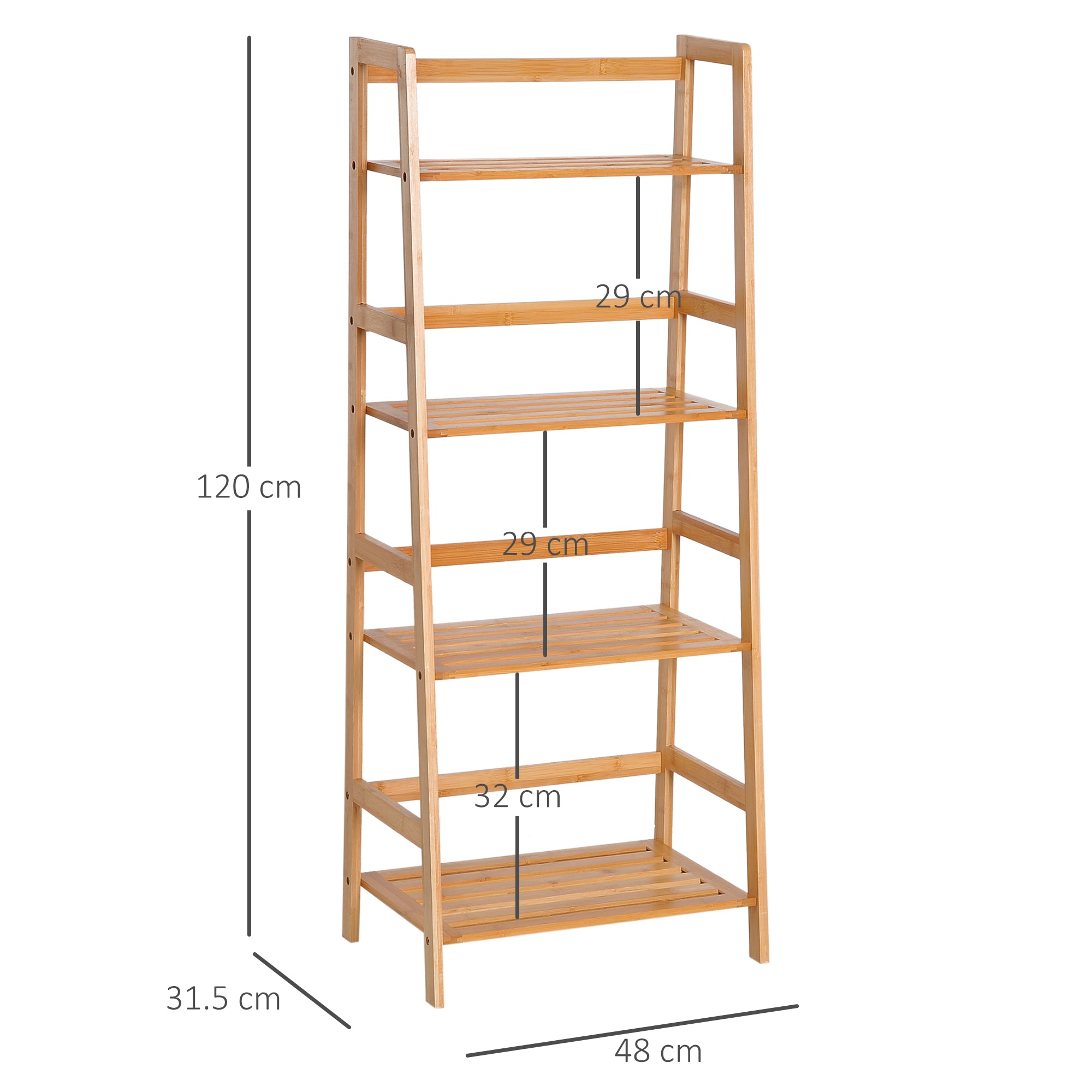 HOMCOM Bamboo Ladder Shelf, 4-Tier Bookshelf, Freestanding Bookcase for Living Room, Study, Bedroom, Home Office, 48 x 31.5 x 120cm, Natural Wood Effect 