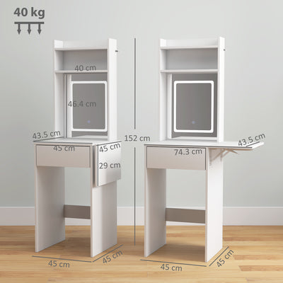 HOMCOM Small Vanity Desk with Mirror and LED Lights, Compact Dressing Table with Drop Leaf, Open Shelves and Drawer, White 