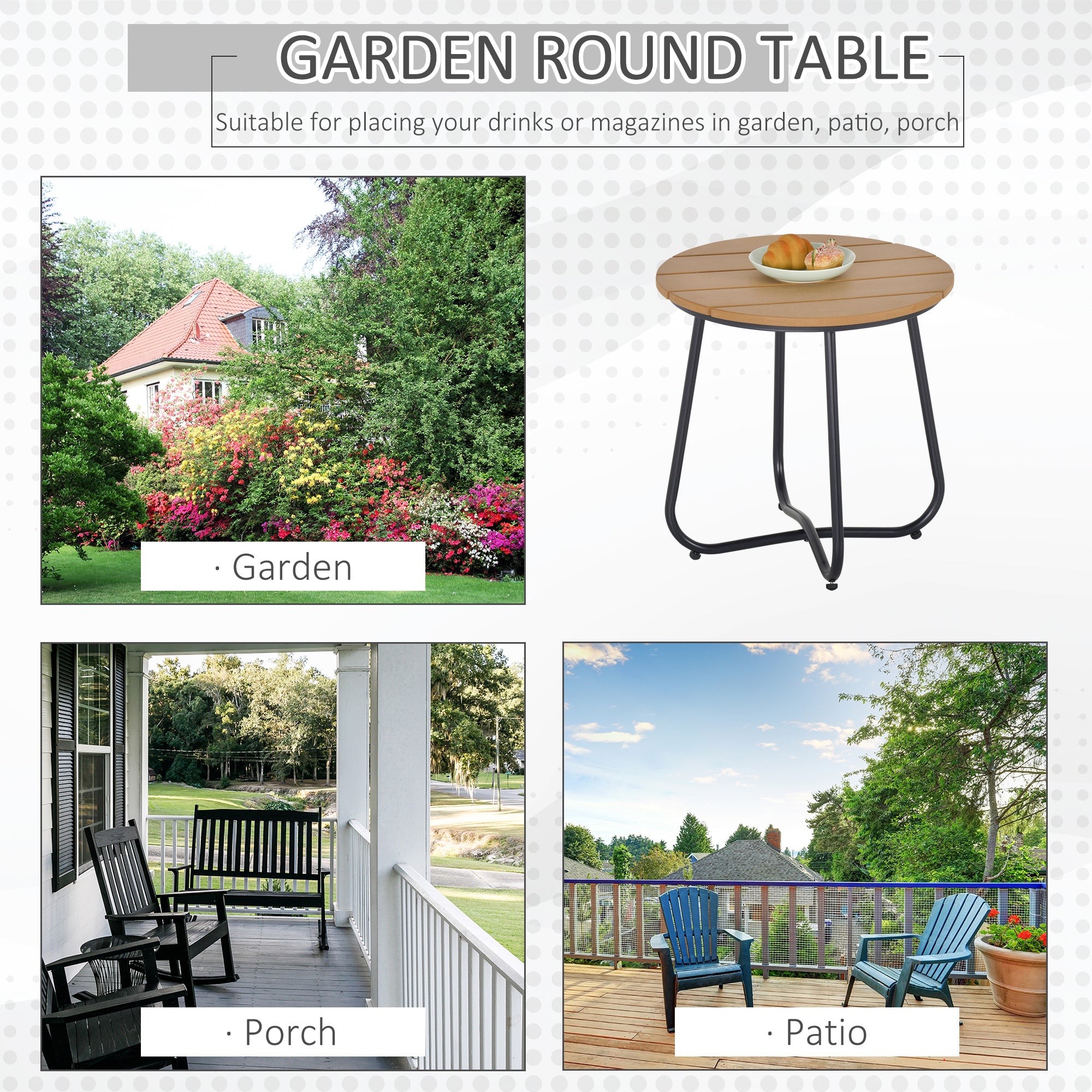 Outsunny Round Outdoor Side Table Adjustable Leg Pads Garden Table 49 x 49 x 48 cm Natural Wood & Black 