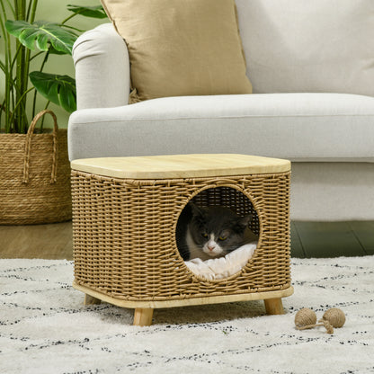 PawHut Elevated Design Wicker Cat House with Washable Cushion, Light Brown 