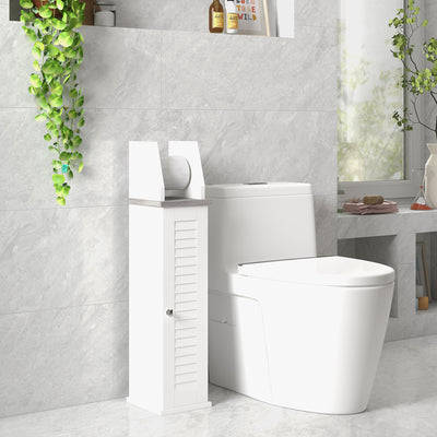 kleankin Slim Bathroom Floor Cabinet with Cupboard, Roll Holder and Adjustable Shelf, Toilet Roll Storage Unit for Toilet Paper, Shampoo, White 
