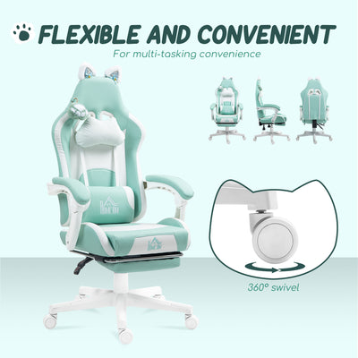 HOMCOM Cat Ear and Paw Reclining Office Chair, with Footrest - Light Blue/White 