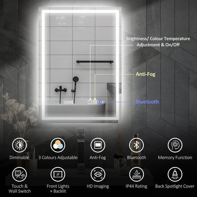 HOMCOM 50 x 70 cm Anti-Fog LED Bathroom Mirror, with Bluetooth and Clock - Silver Tone 