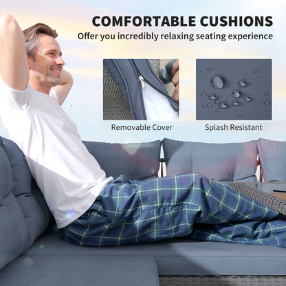 Outsunny 6 Piece Rattan Garden Furniture Set, 8 Seater Garden Corner Sofa with Cushions and Glass Top Table, Sectional Outdoor Furniture Conservatory Set for Patio, Charcoal Grey 