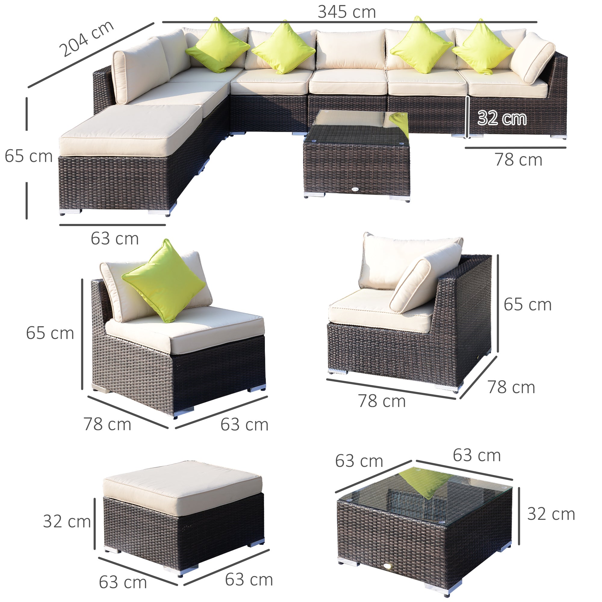 Outsunny 8 Pieces PE Rattan Corner Sofa Set with Thick Cushions, Aluminium Outdoor Rattan Garden Furniture Set with Glass Top Table, No Assembly Required, Mixed Brown 