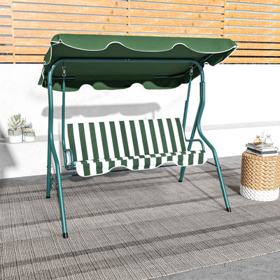 Outsunny 3 Seater Garden Swing Seat Chair Outdoor Bench with Adjustable Canopy and Metal Frame, Green Stripes 