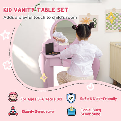 ZONEKIZ Kids Vanity Table with Mirror, Stool, Drawer, Storage Boxes, Cat Design, for Ages 3-6 Years - Pink 