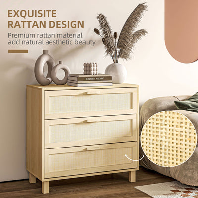 HOMCOM Rattan Bedroom Chest of Drawers, 3 Drawers Storage Unit, Boho Dresser for Living Room, Hallway, Natural 