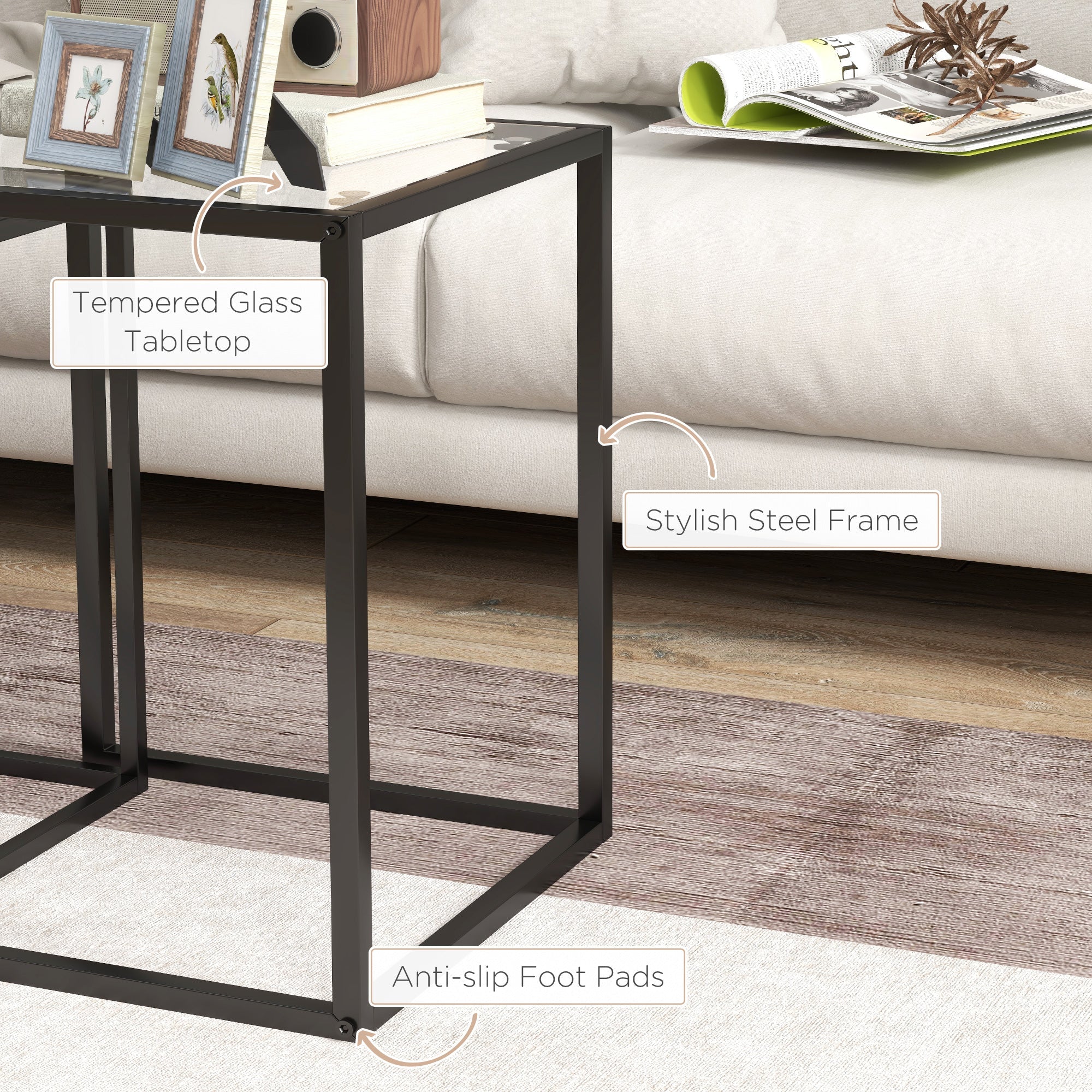 HOMCOM Nesting Tables Set of 2, Side End Table with Tempered Glass Top and Steel Frame for Living Room, Bedroom, Black 
