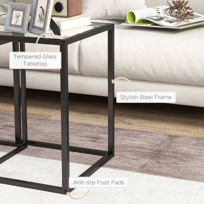 HOMCOM Nesting Tables Set of 2, Side End Table with Tempered Glass Top and Steel Frame for Living Room, Bedroom, Black 