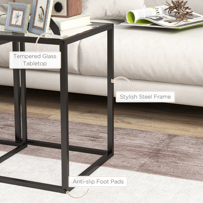 HOMCOM Nesting Tables Set of 2, Side End Table with Tempered Glass Top and Steel Frame for Living Room, Bedroom, Black 