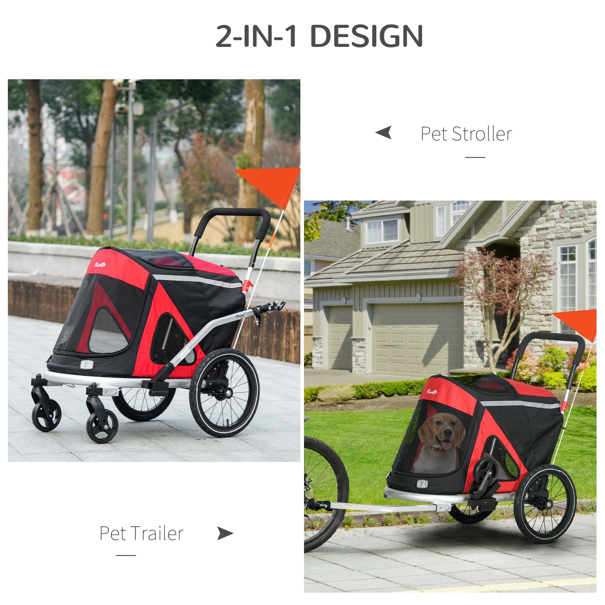 PawHut 2 in 1 Aluminium Foldable Dog Bike Trailer, Pet Stroller, for Medium Dogs - Red 