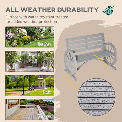 Outsunny Wooden Cart Wagon Wheel 2 Seater Garden Bench Outdoor Garden Armrest Chair Rustic High Back Loveseat Grey