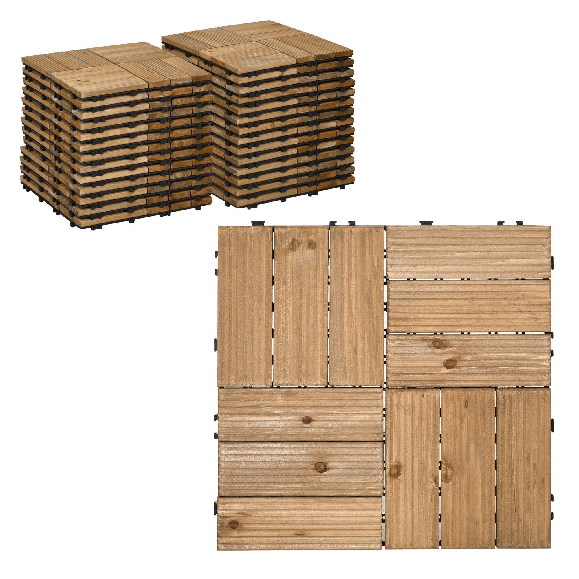 Outsunny 27 Pcs Wooden Interlocking Decking Tiles, Outdoor Flooring Tiles for Patio, Balcony, Terrace, Hot Tub, 30 x 30 cm per Piece, 2.5\'e3\'8e\'a1 per Pack, Brown