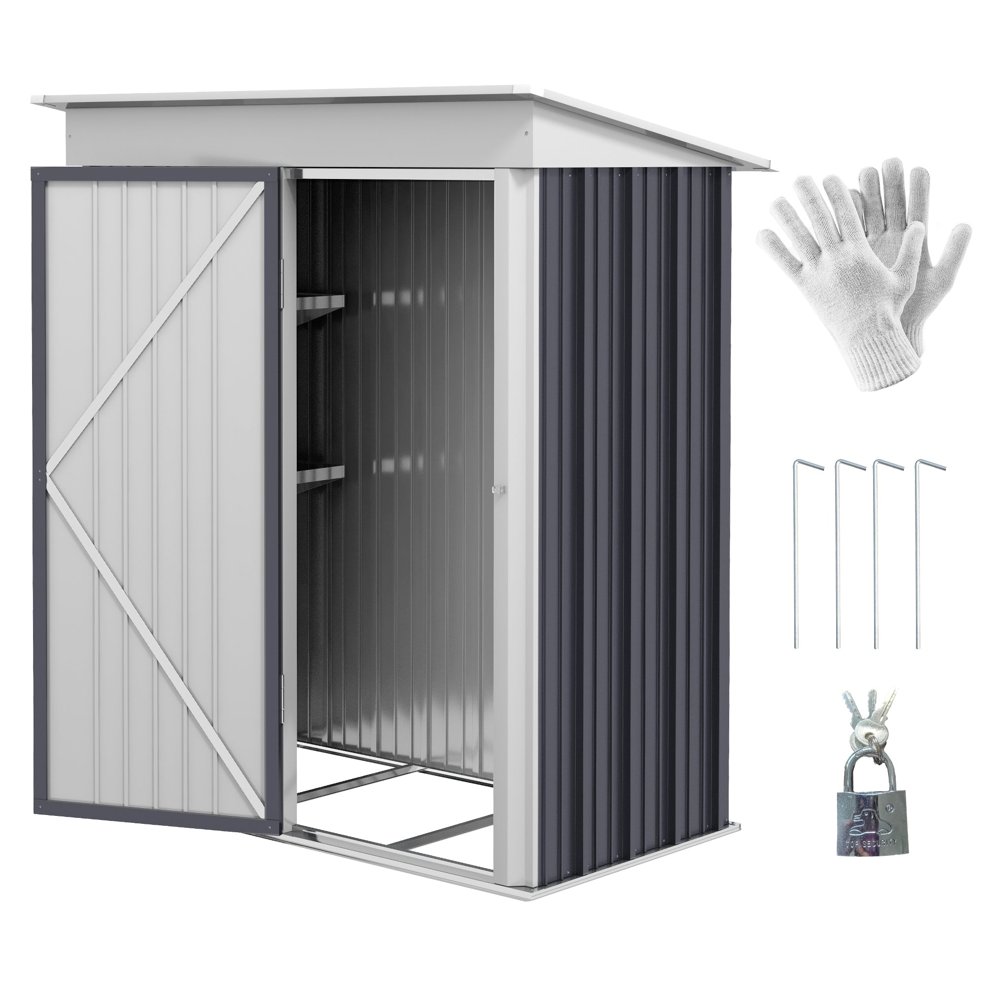 Outsunny Metal Garden Shed, Outdoor Lean-to Shed for Tool Motor Bike, with Adjustable Shelf, Lock, Gloves, 5'x3'x6',  Dark Grey