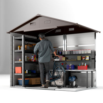 Outsunny 8 x 6ft Garden Storage Shed with Sliding Door - Brown Wood Effect 