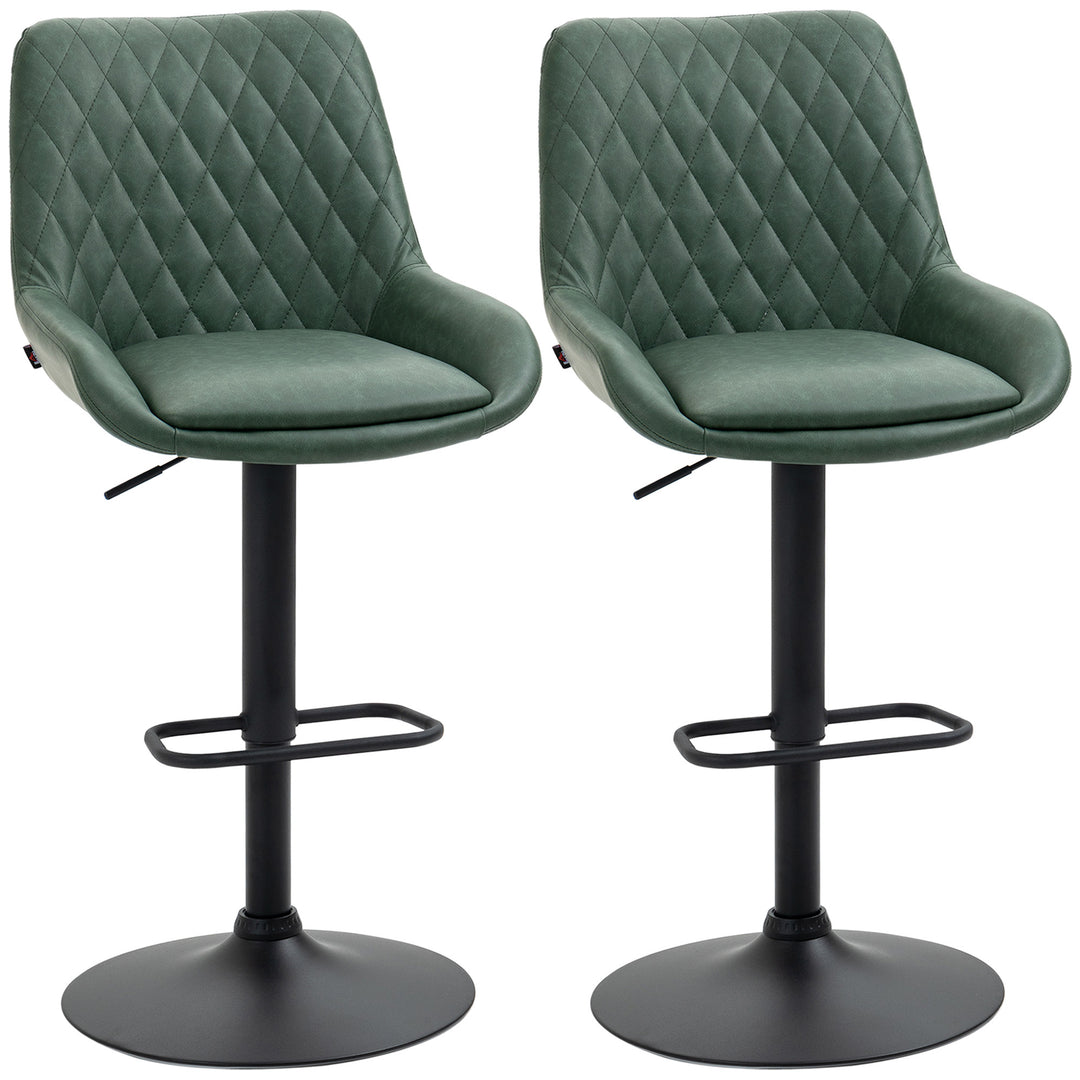 HOMCOM Retro Bar Stools Set of 2, Adjustable Kitchen Stool, Upholstered Bar Chairs with Back, Swivel Seat, Green 
